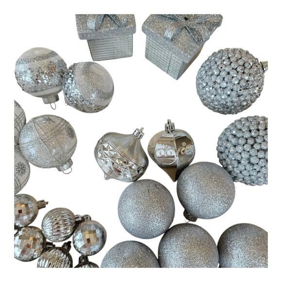 28- Silver Assorted Shatterproof Ornaments 1.5”-4” Shiny Glittery See Pic EUC - Picture 5 of 12